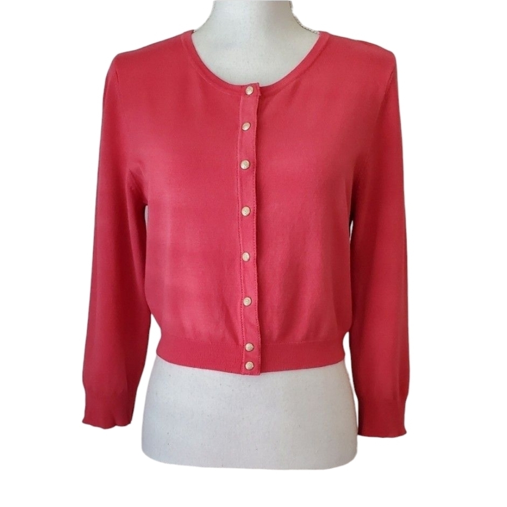 White House Black Market Coral 3/4 Sleeve Snap Closure Cropped Cardigan Size M